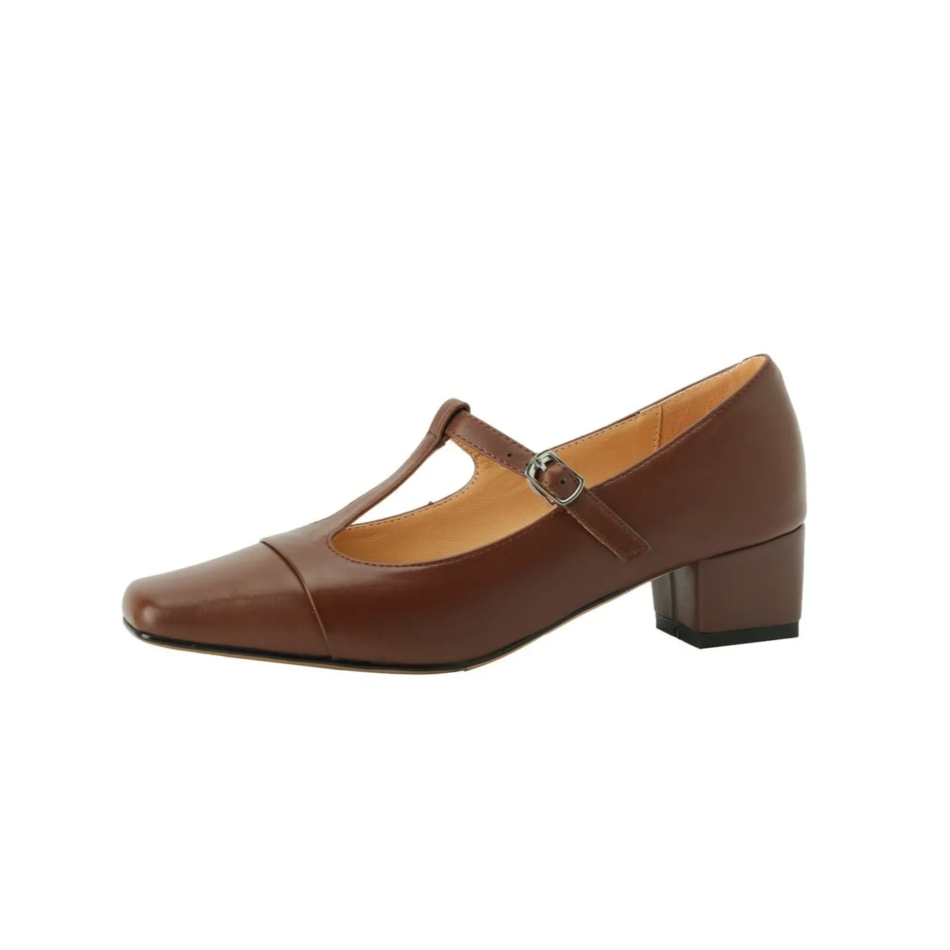 TinaCus Women's Square Toe Handmade T-Strap Genuine Leather Low Chunky Heel Vintage Pumps Shoes