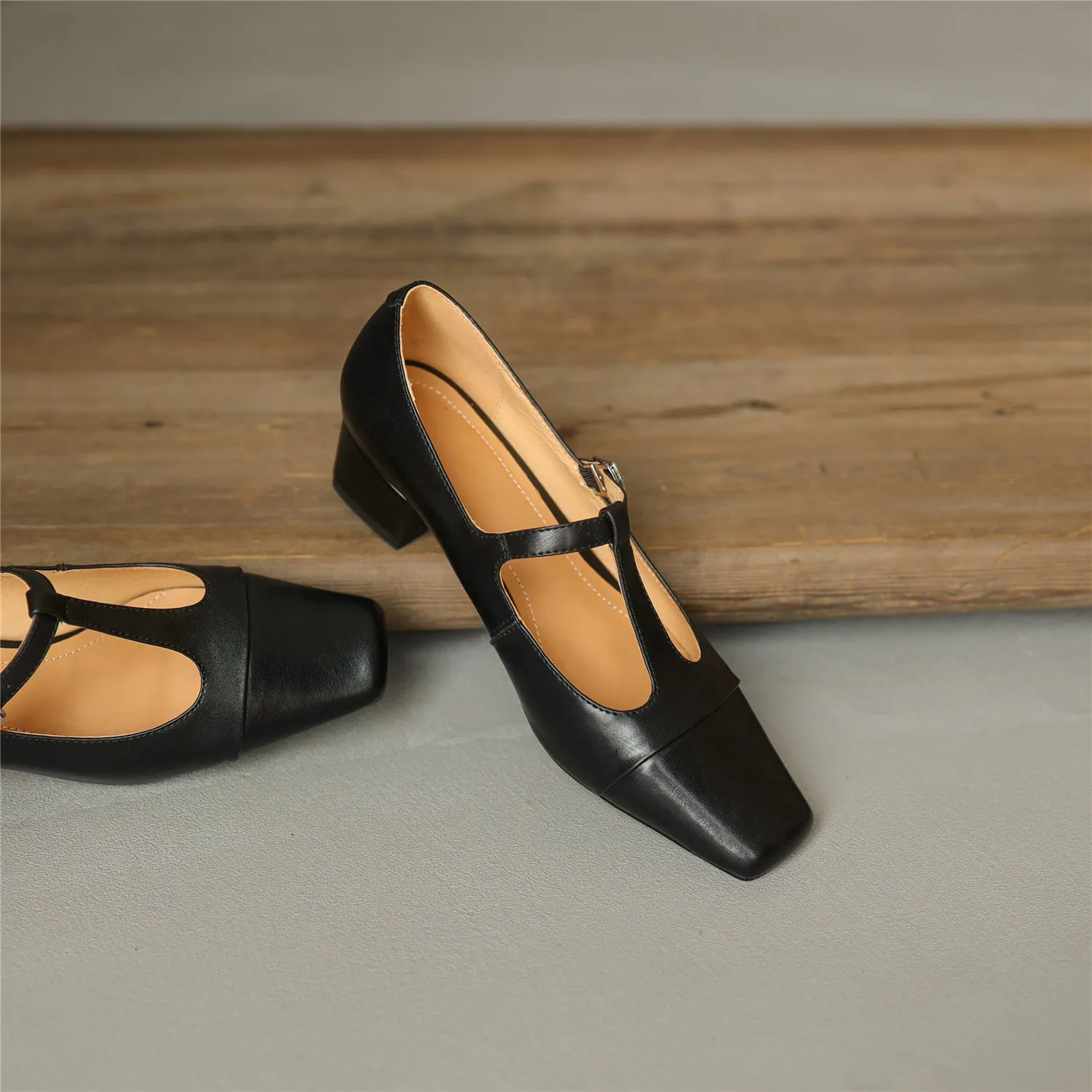 TinaCus Women's Square Toe Handmade T-Strap Genuine Leather Low Chunky Heel Vintage Pumps Shoes