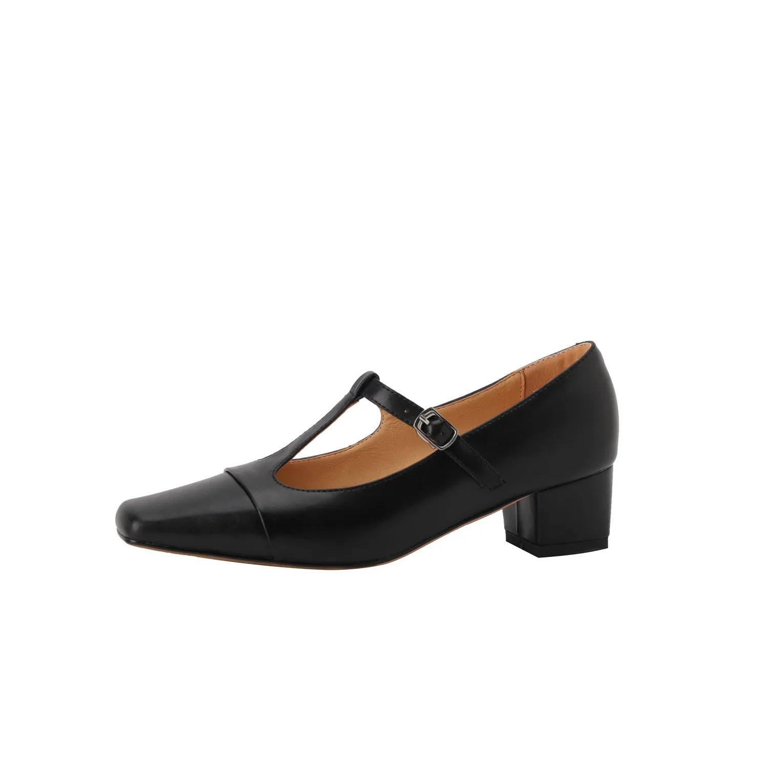 TinaCus Women's Square Toe Handmade T-Strap Genuine Leather Low Chunky Heel Vintage Pumps Shoes