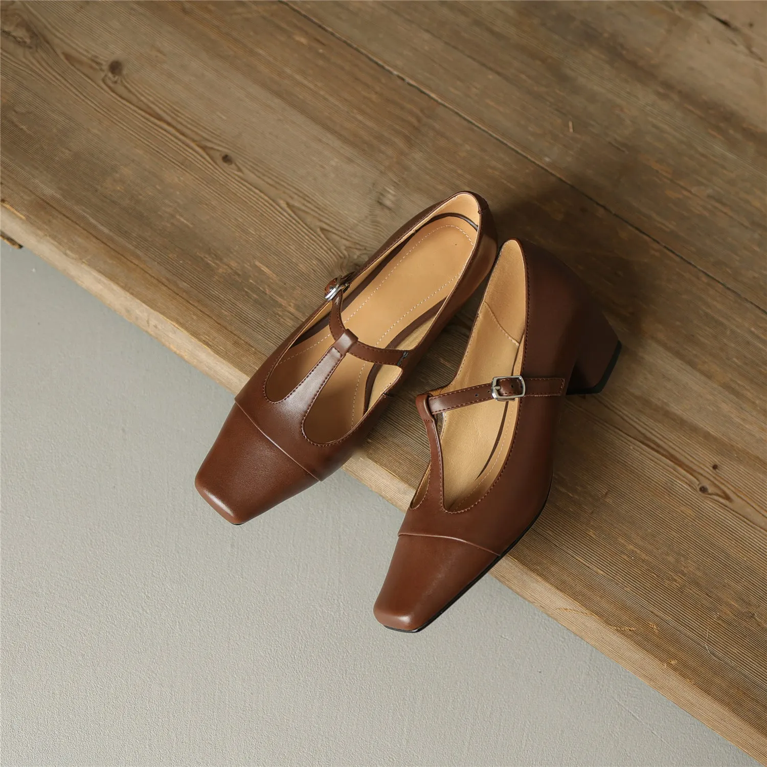 TinaCus Women's Square Toe Handmade T-Strap Genuine Leather Low Chunky Heel Vintage Pumps Shoes