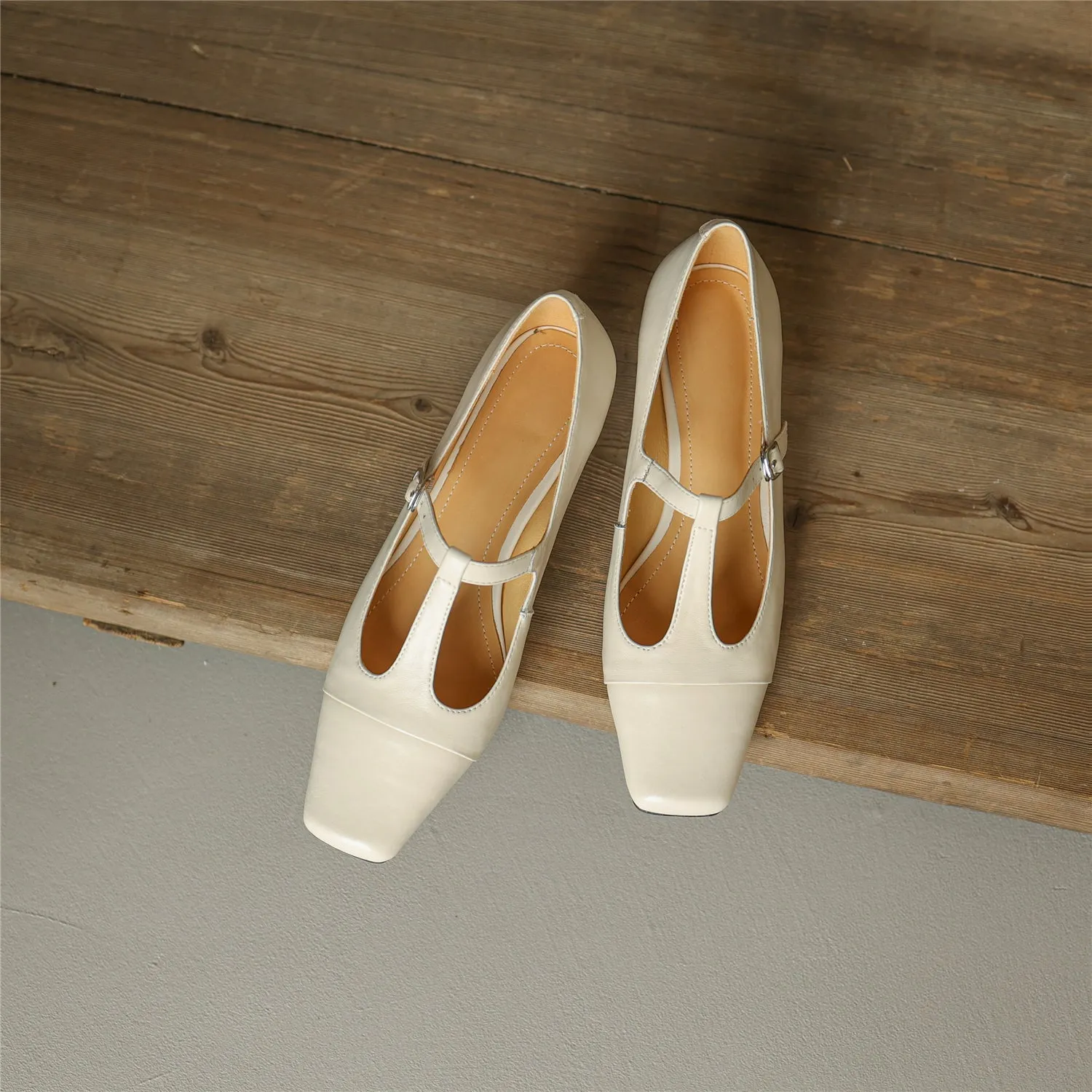 TinaCus Women's Square Toe Handmade T-Strap Genuine Leather Low Chunky Heel Vintage Pumps Shoes