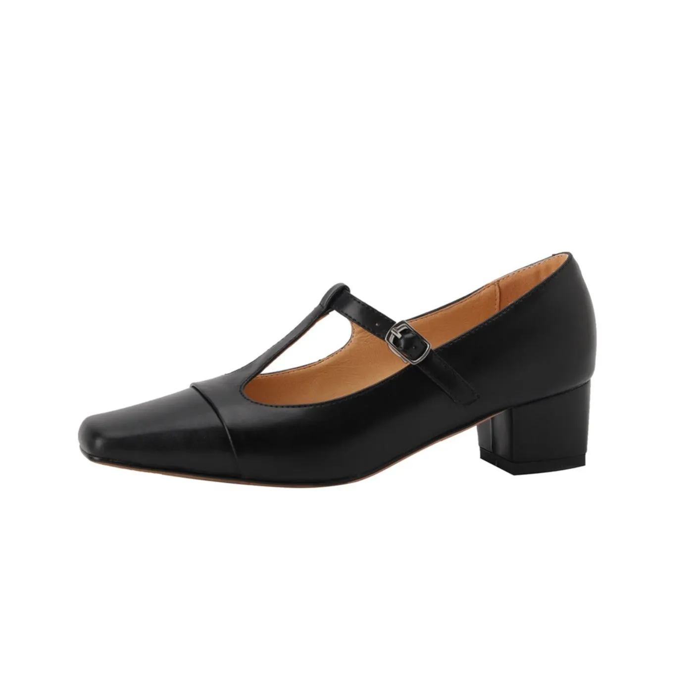 TinaCus Women's Square Toe Handmade T-Strap Genuine Leather Low Chunky Heel Vintage Pumps Shoes