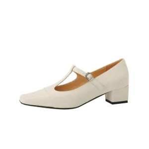 TinaCus Women's Square Toe Handmade T-Strap Genuine Leather Low Chunky Heel Vintage Pumps Shoes