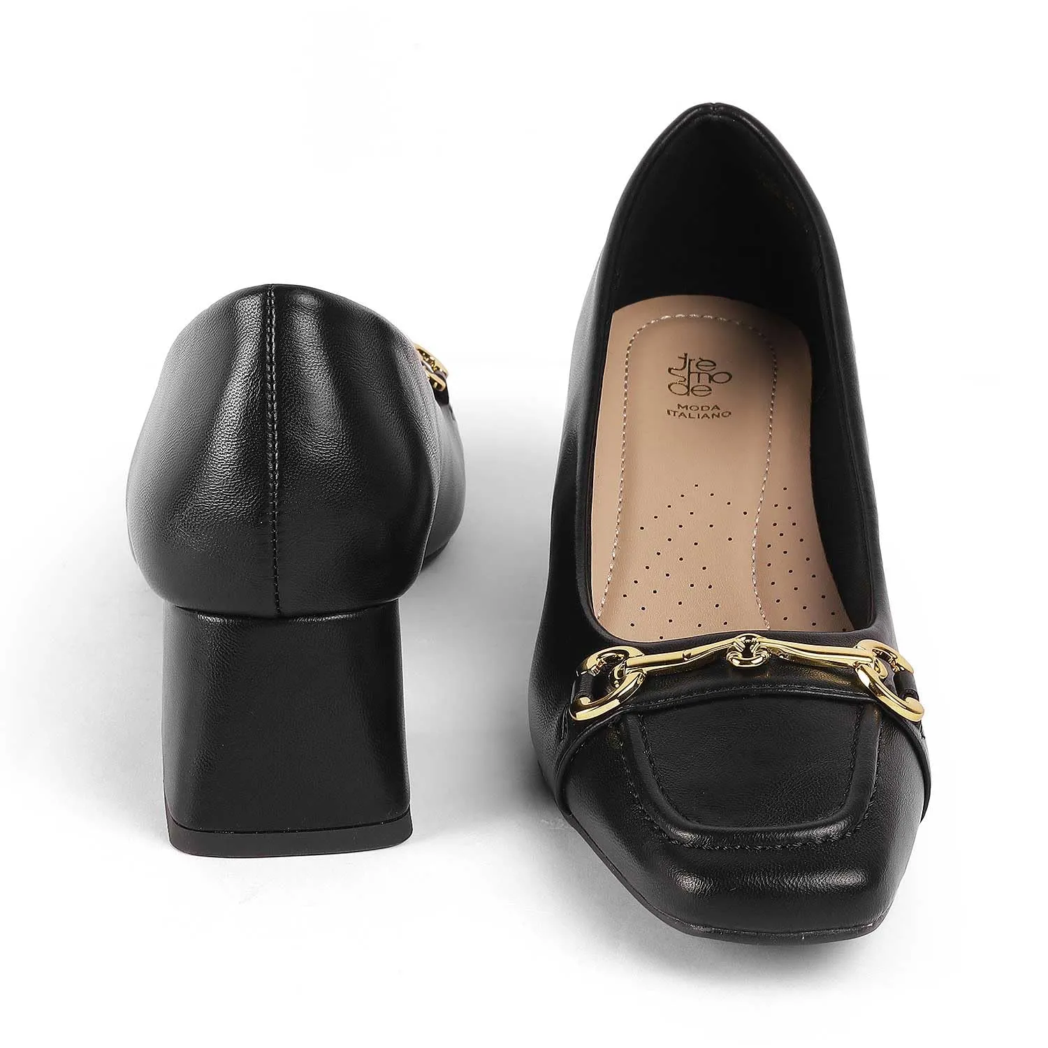 tresmode DONATELLA Women's Block Heels Pumps Leather Black, 6 UK / 39 EU - Square Toe Ladies Footwear Soft Comfortable Sandals