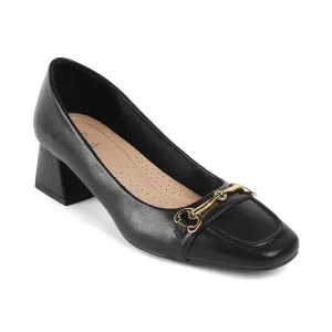tresmode DONATELLA Women's Block Heels Pumps Leather Black, 6 UK / 39 EU - Square Toe Ladies Footwear Soft Comfortable Sandals