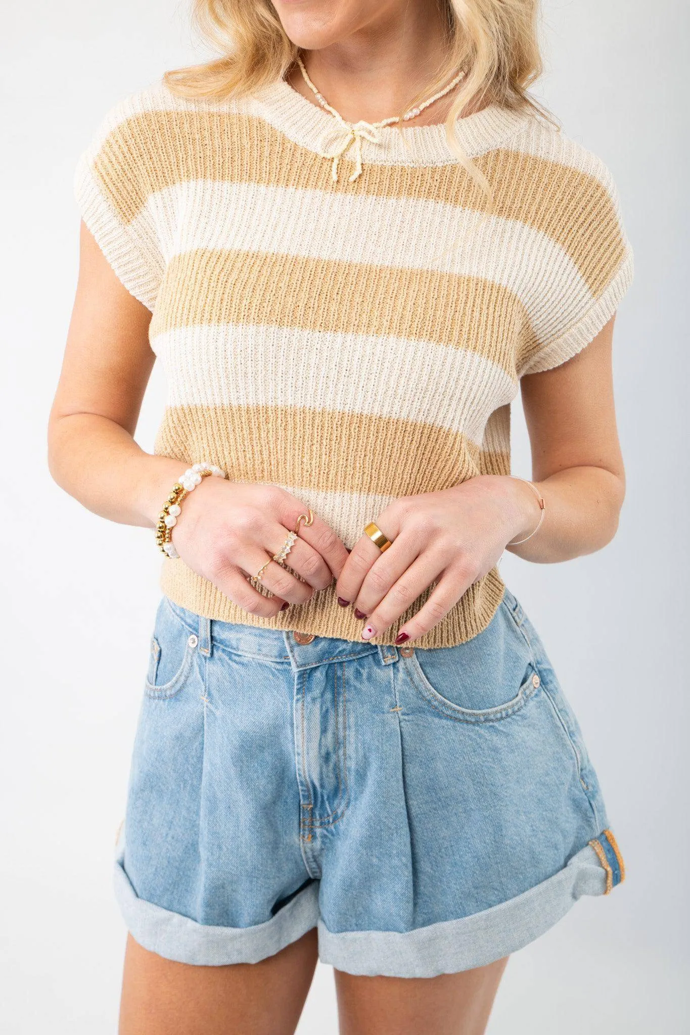 Tyler Taupe Striped Knit Cropped Vest