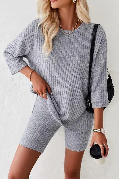 Unrestricted Three-Quarter Sleeve Top and Shorts Set