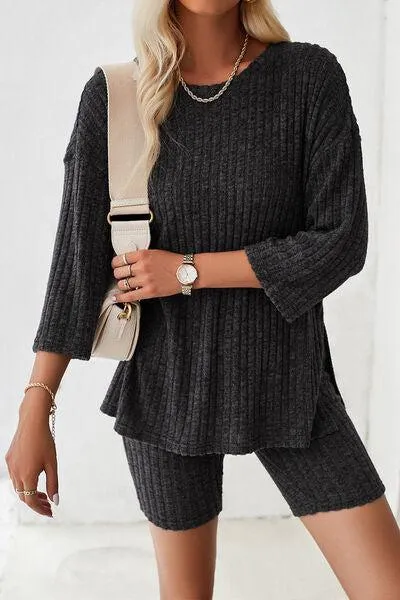 Unrestricted Three-Quarter Sleeve Top and Shorts Set