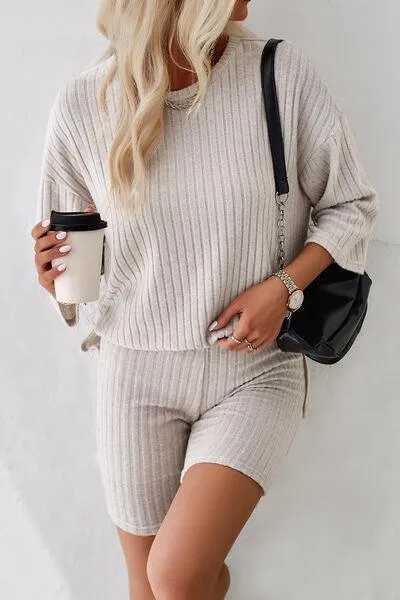 Unrestricted Three-Quarter Sleeve Top and Shorts Set