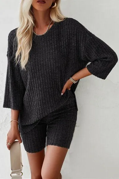 Unrestricted Three-Quarter Sleeve Top and Shorts Set