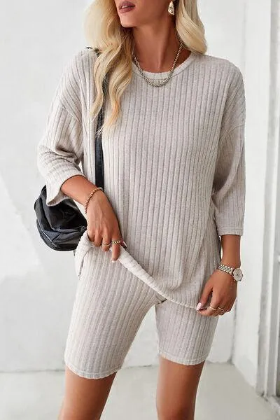 Unrestricted Three-Quarter Sleeve Top and Shorts Set