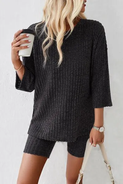 Unrestricted Three-Quarter Sleeve Top and Shorts Set