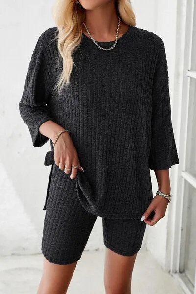 Unrestricted Three-Quarter Sleeve Top and Shorts Set