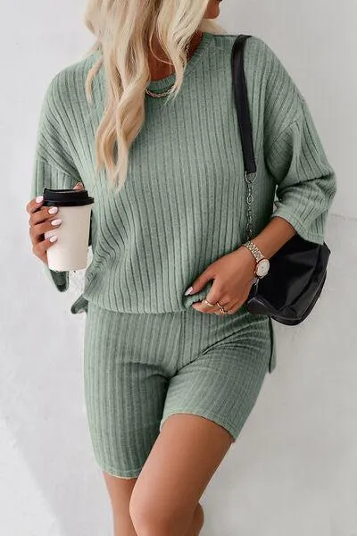 Unrestricted Three-Quarter Sleeve Top and Shorts Set