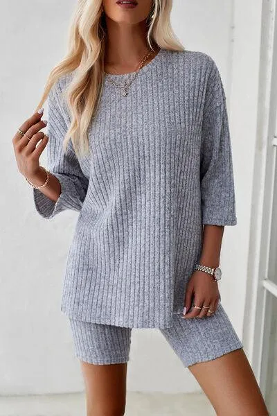 Unrestricted Three-Quarter Sleeve Top and Shorts Set