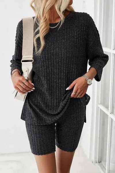 Unrestricted Three-Quarter Sleeve Top and Shorts Set