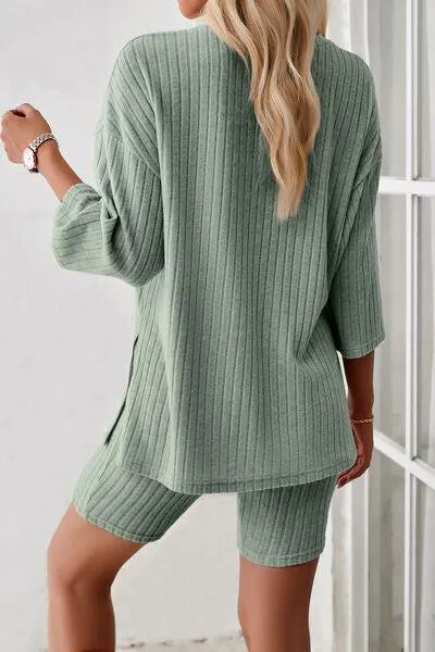 Unrestricted Three-Quarter Sleeve Top and Shorts Set