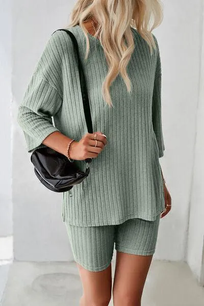 Unrestricted Three-Quarter Sleeve Top and Shorts Set