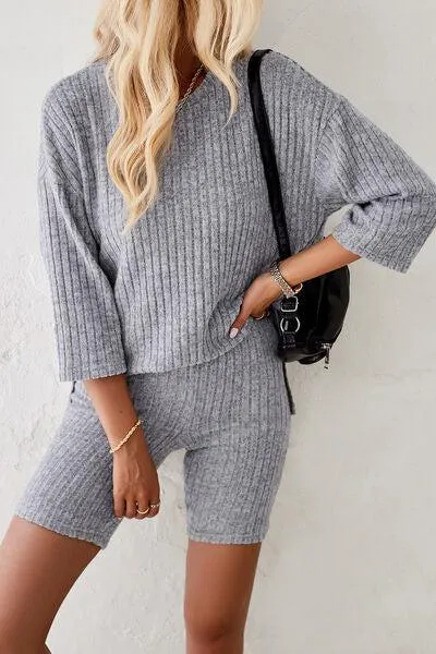 Unrestricted Three-Quarter Sleeve Top and Shorts Set