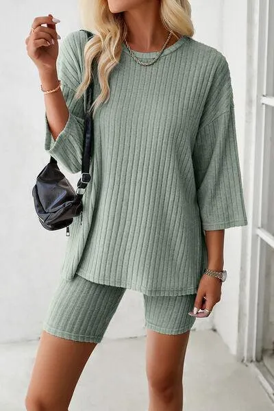 Unrestricted Three-Quarter Sleeve Top and Shorts Set