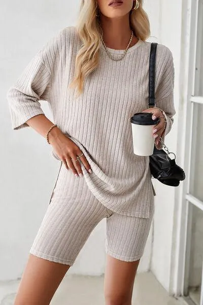 Unrestricted Three-Quarter Sleeve Top and Shorts Set
