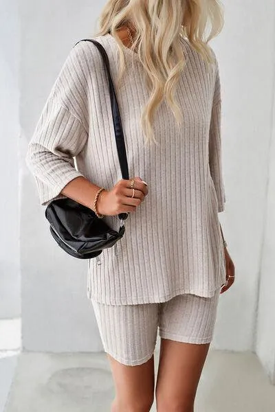 Unrestricted Three-Quarter Sleeve Top and Shorts Set