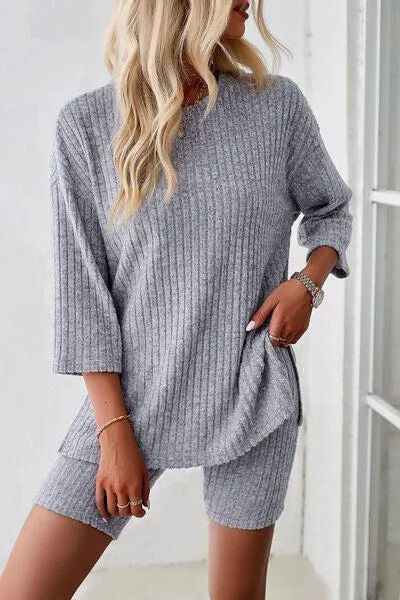 Unrestricted Three-Quarter Sleeve Top and Shorts Set