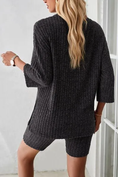 Unrestricted Three-Quarter Sleeve Top and Shorts Set
