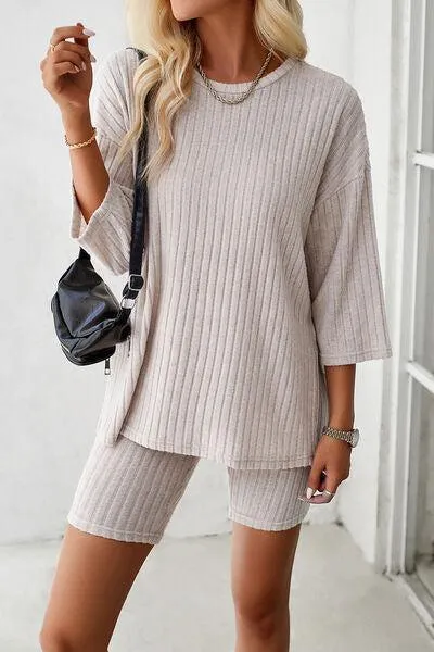 Unrestricted Three-Quarter Sleeve Top and Shorts Set