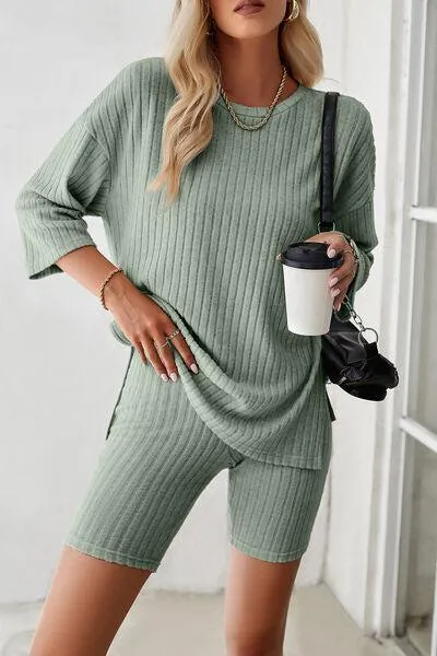 Unrestricted Three-Quarter Sleeve Top and Shorts Set