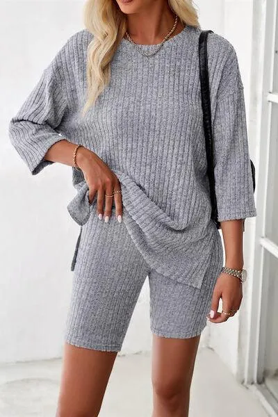 Unrestricted Three-Quarter Sleeve Top and Shorts Set