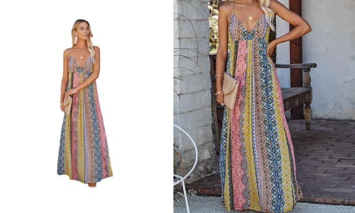 V-Neck Backless Printed Swing Dress
