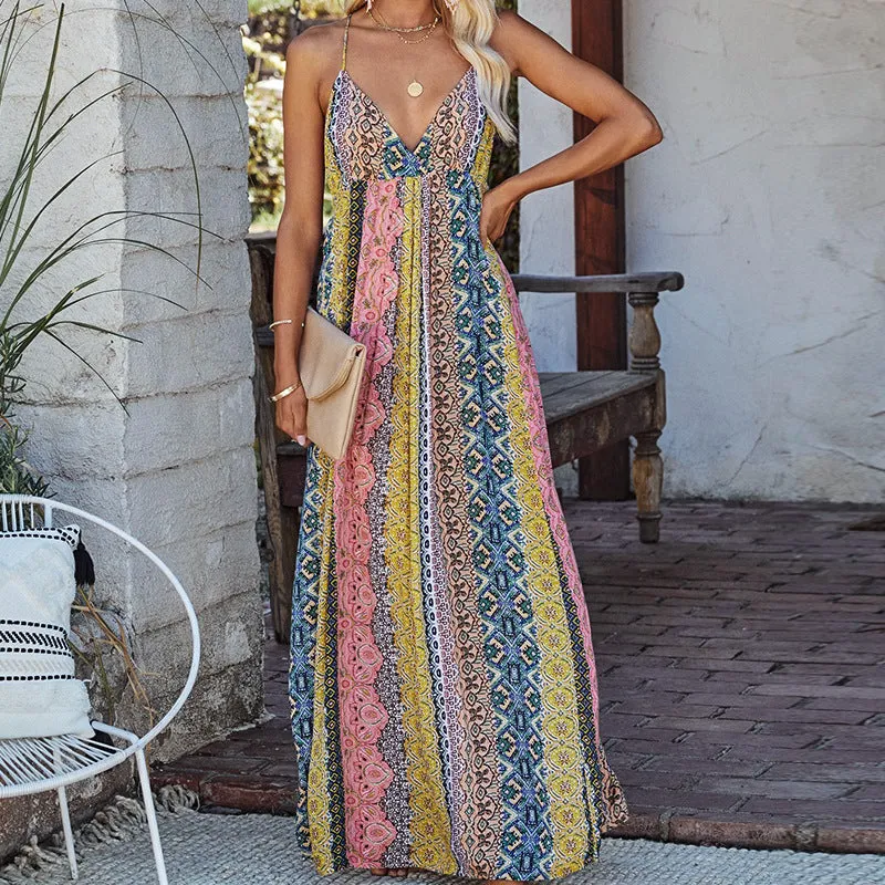 V-Neck Backless Printed Swing Dress