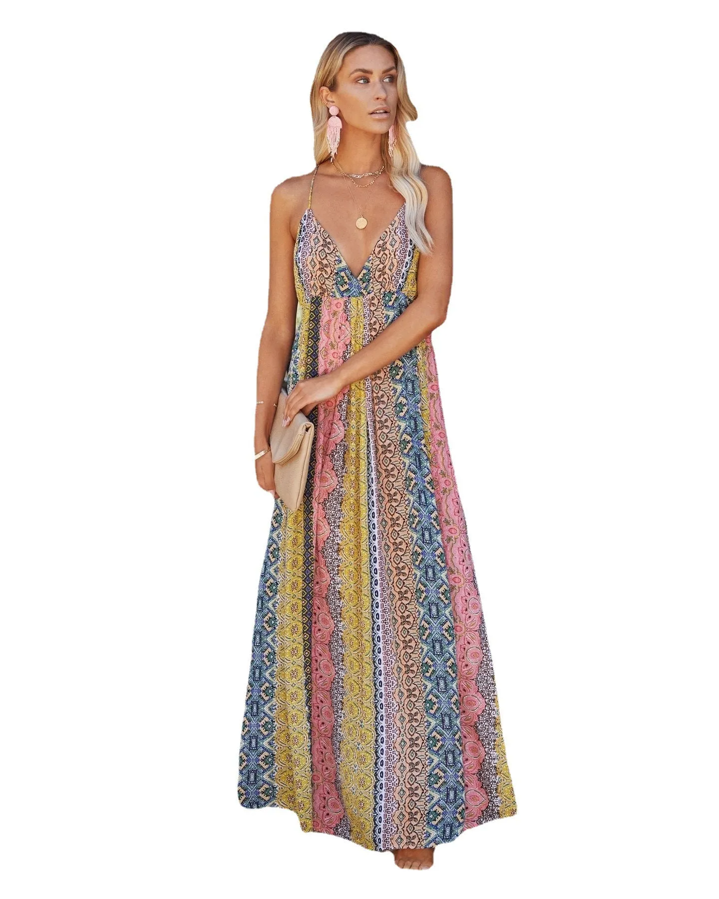 V-Neck Backless Printed Swing Dress