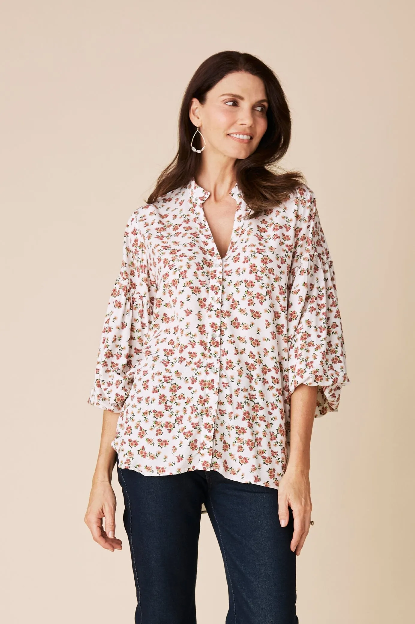 Valletta Floral Long Sleeve Top White