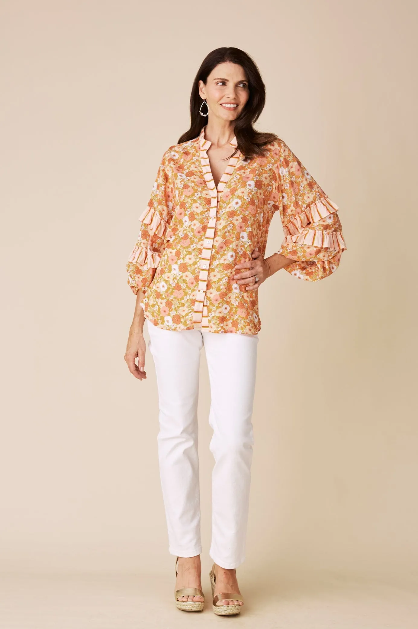 Valletta Long Sleeve Top Dana Print Papaya