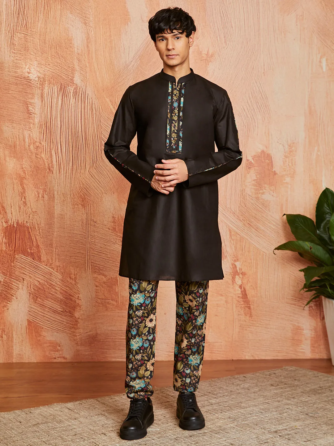 VASTRAMAY Men's Black Cotton Jacket Kurta and Pyjama set