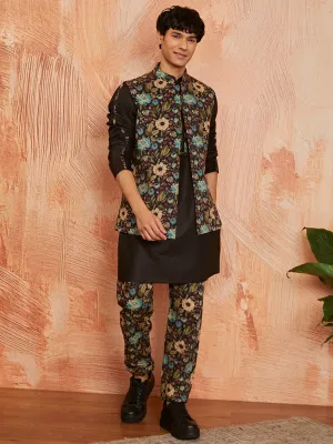 VASTRAMAY Men's Black Cotton Jacket Kurta and Pyjama set