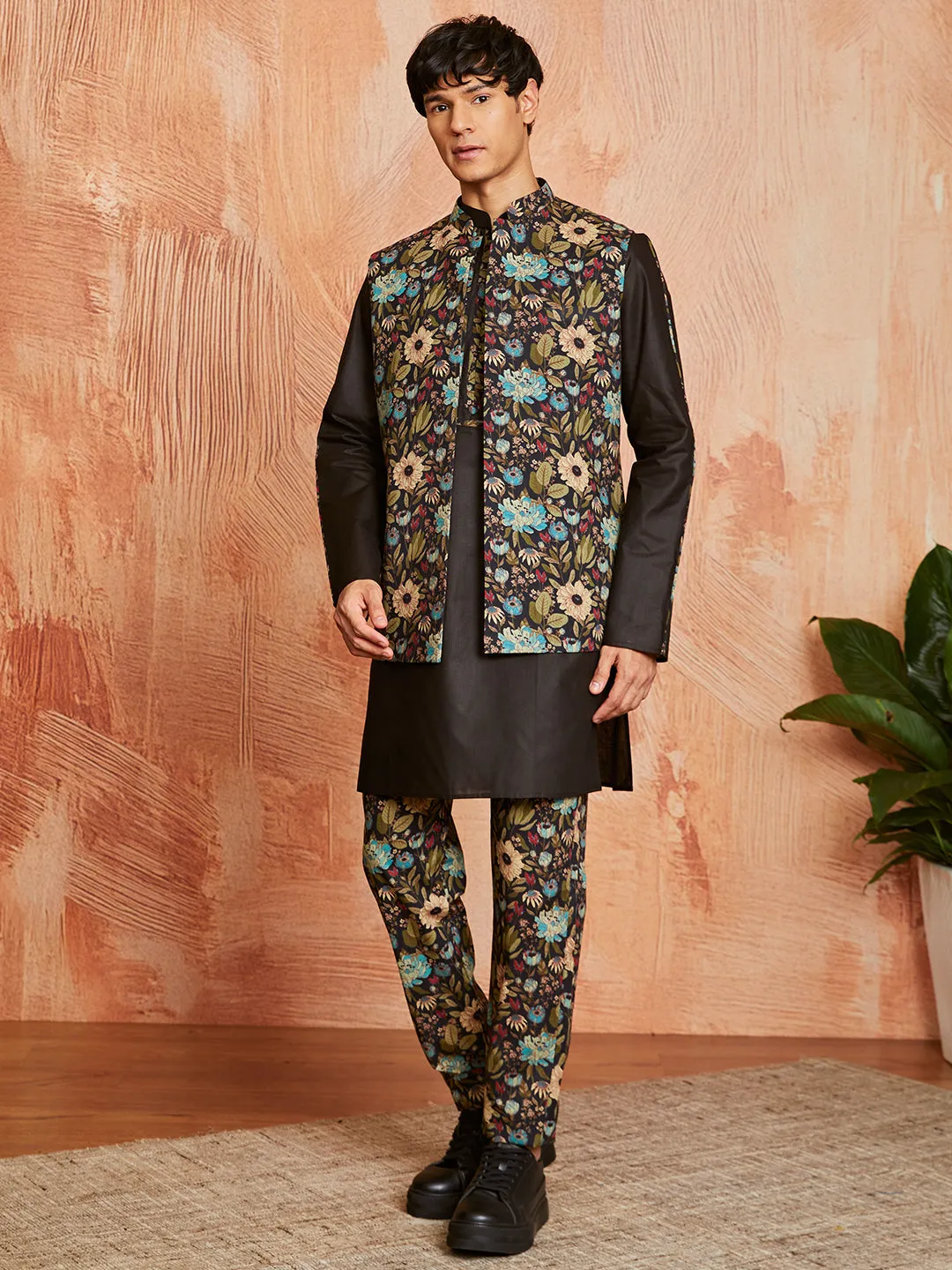 VASTRAMAY Men's Black Cotton Jacket Kurta and Pyjama set