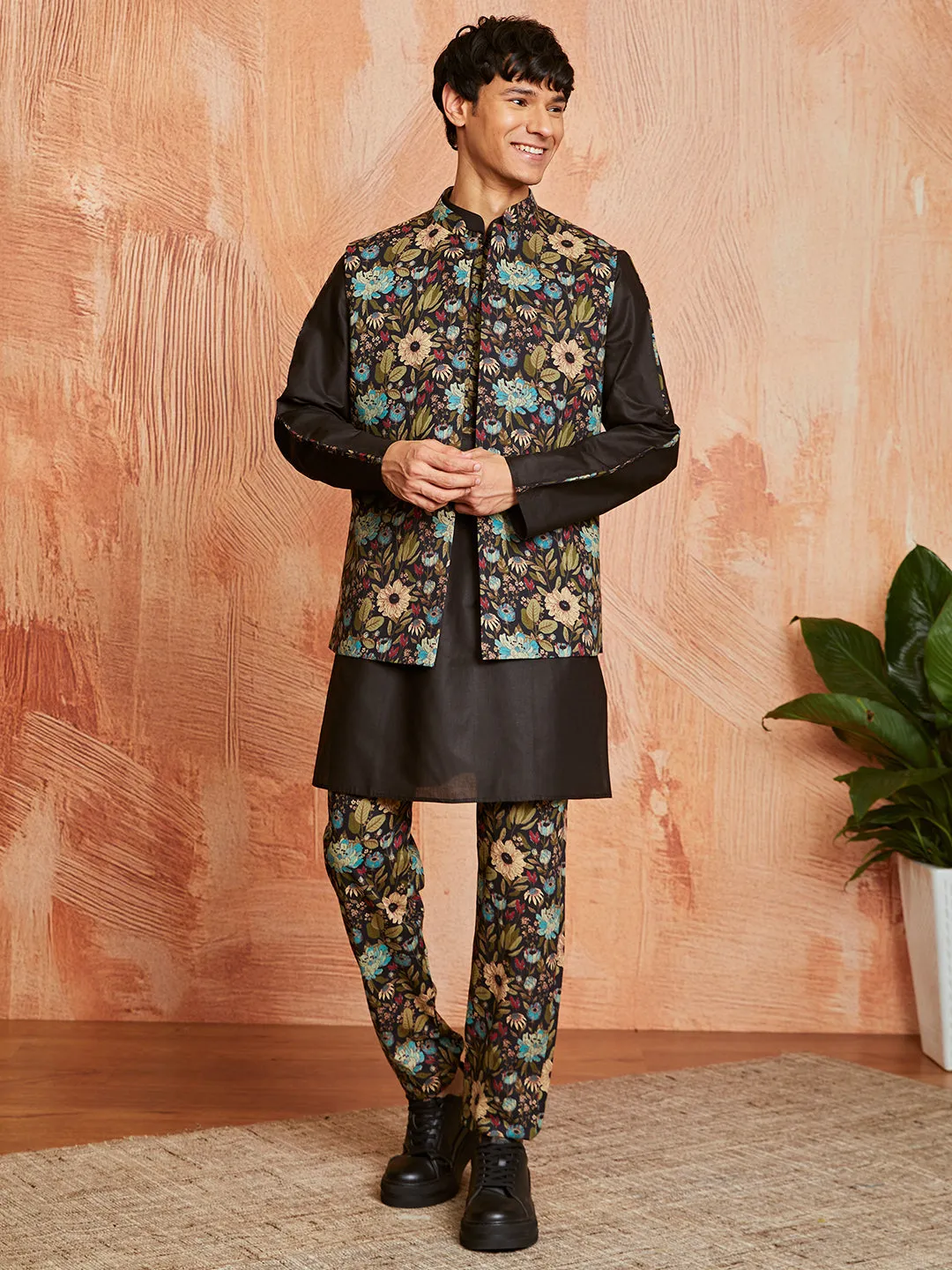 VASTRAMAY Men's Black Cotton Jacket Kurta and Pyjama set
