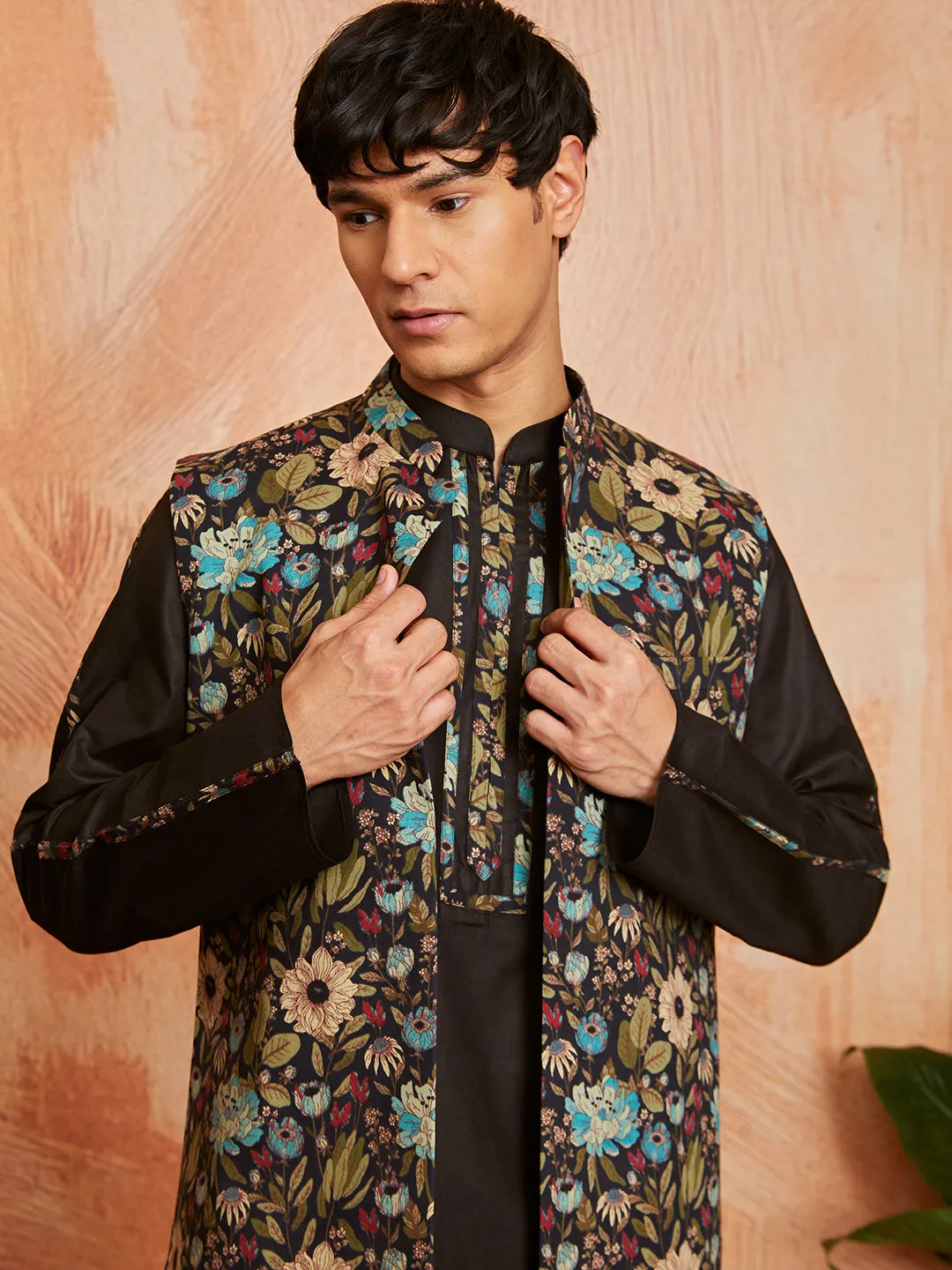 VASTRAMAY Men's Black Cotton Jacket Kurta and Pyjama set