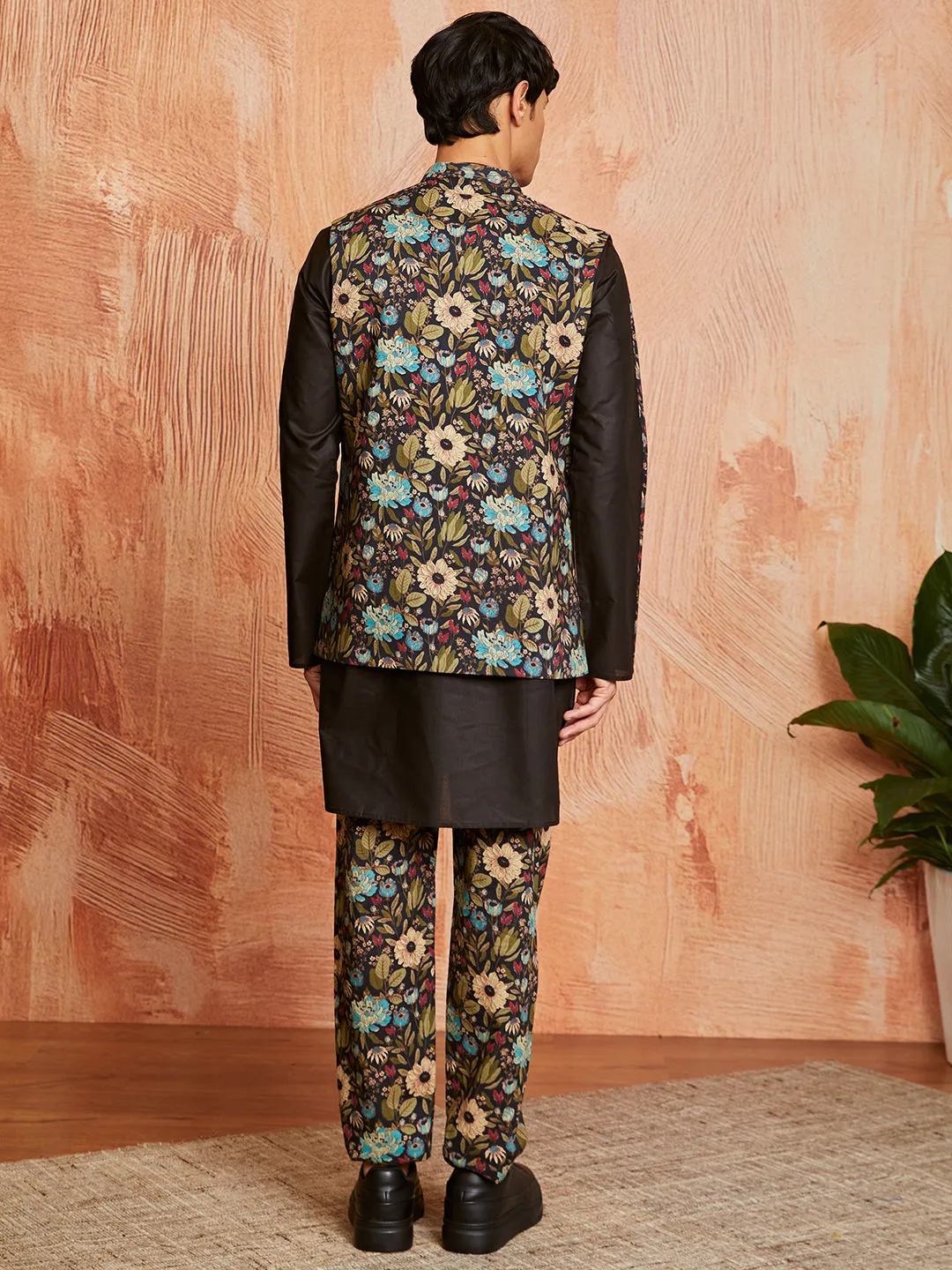 VASTRAMAY Men's Black Cotton Jacket Kurta and Pyjama set