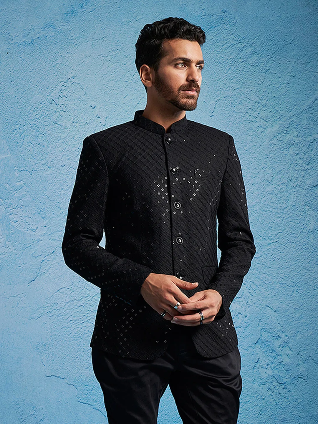 VASTRAMAY Men's Black Schiflli Jodhpuri