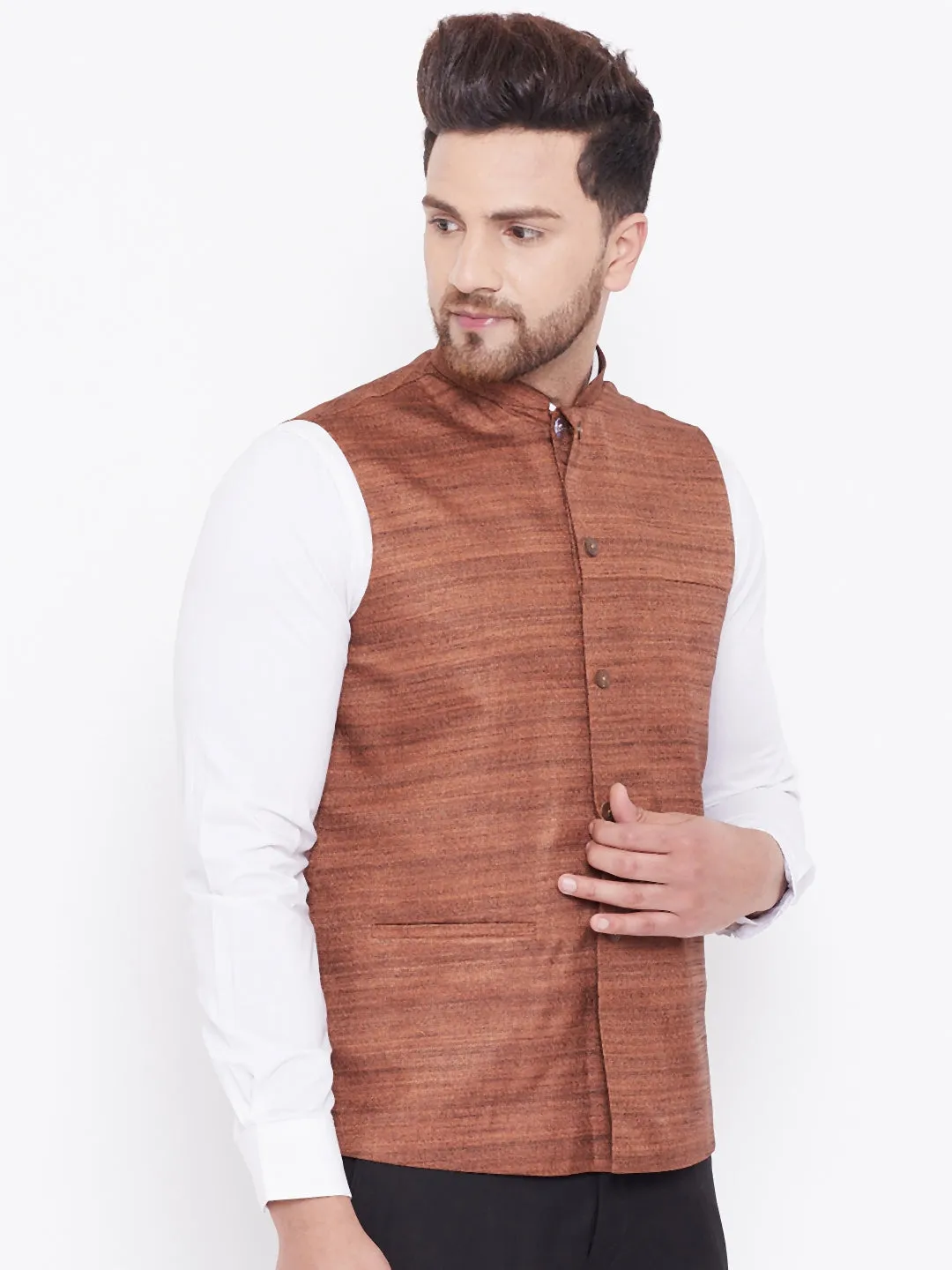 VASTRAMAY Men's Coffee Brown Silk Blend Nehru Jacket