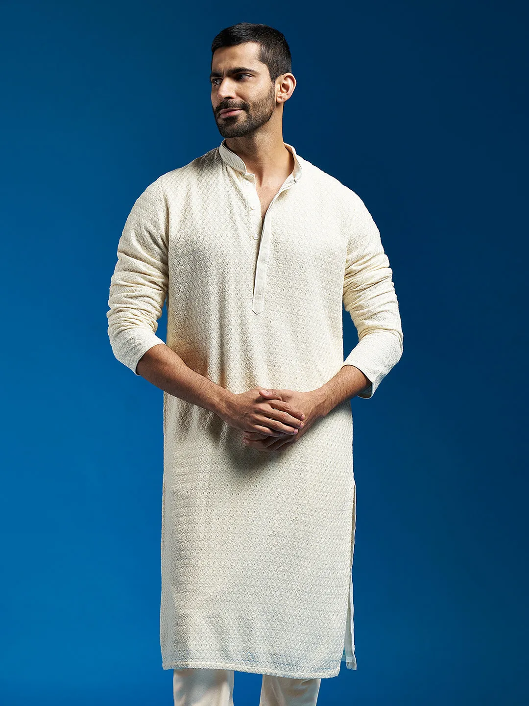 VASTRAMAY Men's Cream Georgette Kurta