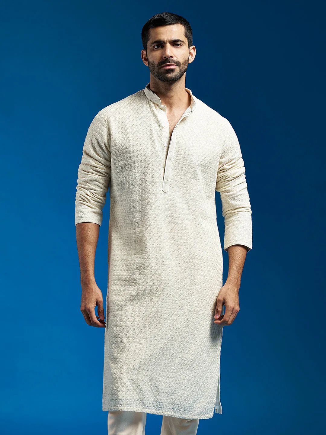 VASTRAMAY Men's Cream Georgette Kurta