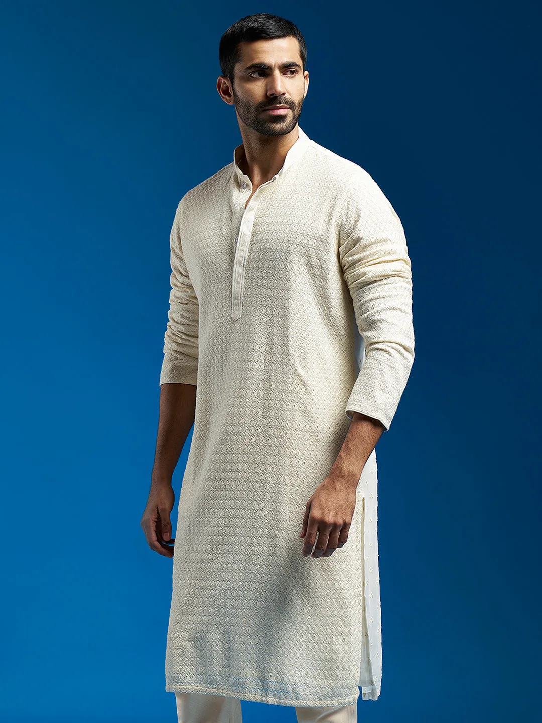 VASTRAMAY Men's Cream Georgette Kurta