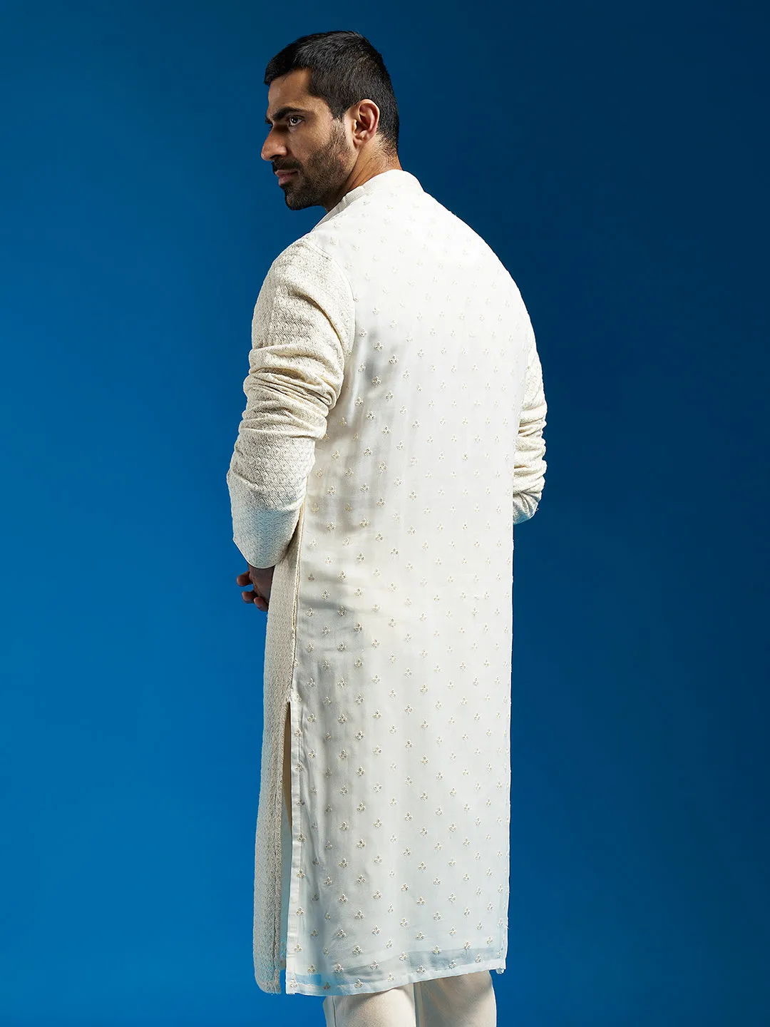 VASTRAMAY Men's Cream Georgette Kurta