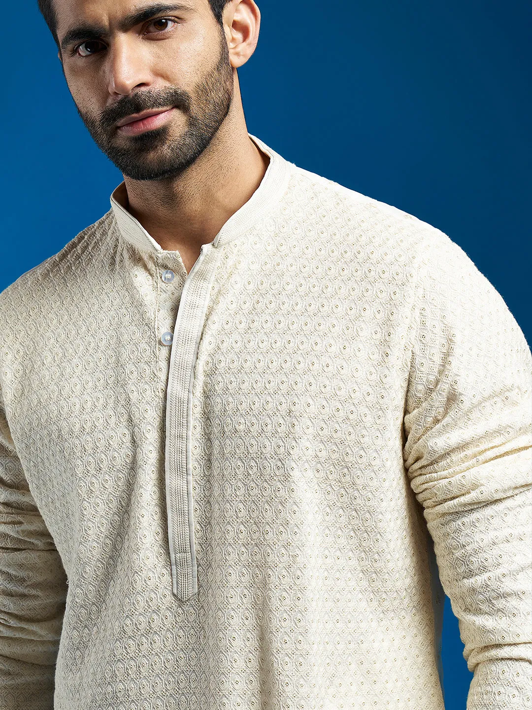 VASTRAMAY Men's Cream Georgette Kurta