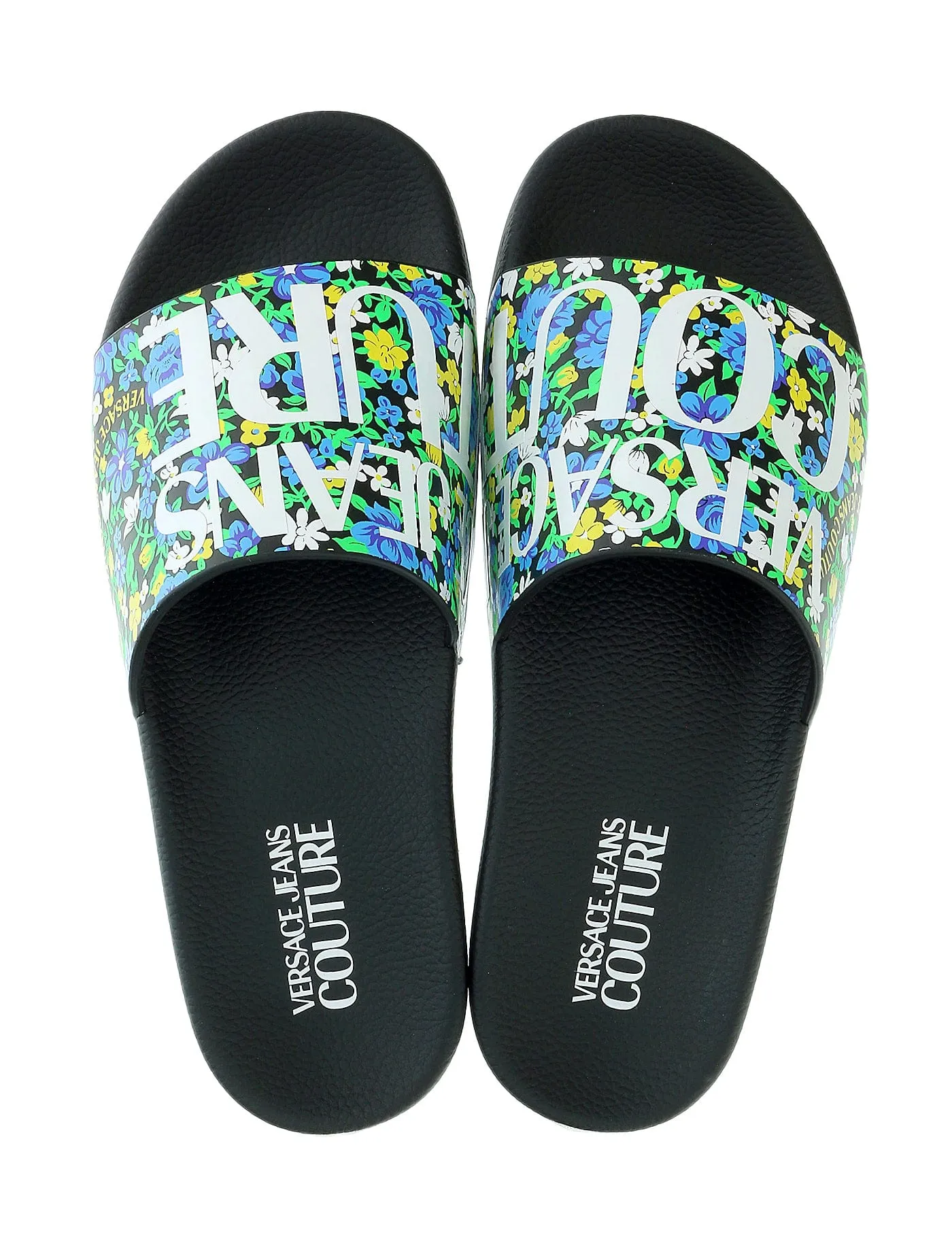 Versace Jeans Couture Electric Blue Floral Signature Print Wide Strap Slide -